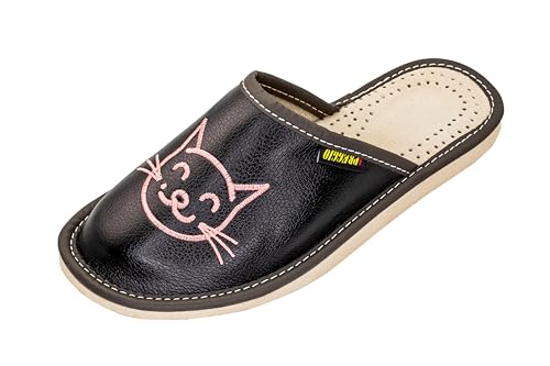APREGGIO - Hausschuhe Damen Leder| Feste Gummisohle | Schuhe für zu Hause -Mit einer Katze bestickt | Handgefertigt Pantoffeln Damen | Größe 39 | Schwarz Pink von APREGGIO