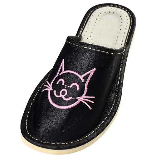 APREGGIO - Hausschuhe Damen Leder| Feste Gummisohle | Schuhe für zu Hause -Mit einer Katze bestickt | Handgefertigt Pantoffeln Damen | Größe 39 | Schwarz Pink von APREGGIO