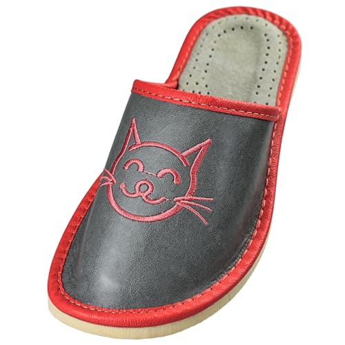 APREGGIO - Hausschuhe Damen Leder - Feste Gummisohle - Schuhe für zu Hause - Mit Einer Katze Bestickt - Handgefertigt Pantoffeln Damen - Größe 41 - Grau Pink APREGGIO - Hausschuhe Damen Leder - Feste Gummisohle - Schuhe für zu Hause - Mit Einer Katze Bestickt - Handgefertigt Pantoffeln Damen - Größe 41 - Grau Pink von APREGGIO