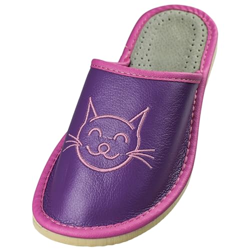 APREGGIO - Hausschuhe Damen Leder| Feste Gummisohle | Schuhe für zu Hause -Mit einer Katze bestickt | Handgefertigt Pantoffeln Damen | Größe 40 | Violett Pink von APREGGIO