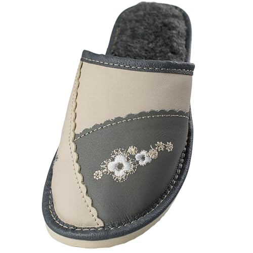 APREGGIO Hausschuhe Damen Leder – Handgefertigt Damen Hausschuhe Wolle - Komfort Leder Hausschuhe Damen – Bequeme Pantoffeln Damen – Grau - Größe 40 von APREGGIO