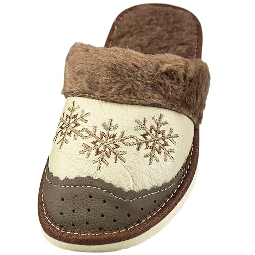 APREGGIO Hausschuhe Damen Leder – Leder Hausschuhe Damen Wolle - Handgefertigt Pantoffeln Damen – Damenhausschuhe - Weich Damen Hausschuhe – Braun - Größe 39 EU von APREGGIO