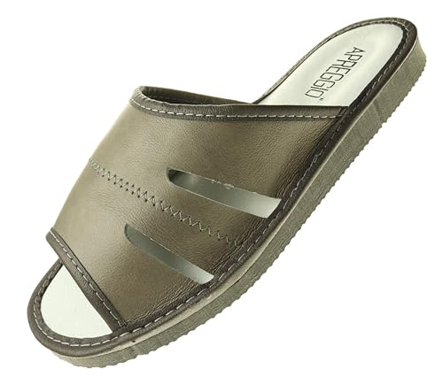 APREGGIO - Hausschuhe Herren Leder - Slippers Leder Hausschuh Männer Pantoffel - Pantoffeln - Grau - Größe 45 von APREGGIO