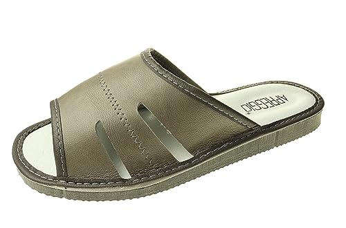 APREGGIO - Hausschuhe Herren Leder | Slippers Leder | Herrenhausschuhe | Hausschuh Männer Pantoffel | Slipper | Grau | Größe 46 von APREGGIO