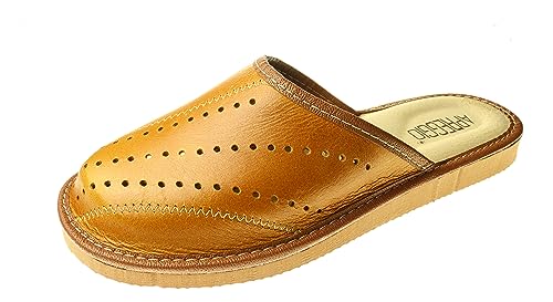 APREGGIO - Hausschuhe Herren Leder – Herren Pantoffeln - Bequeme Slippers Herren - Komfort Herrenhausschuhe - Hellbraun Größe 41 von APREGGIO