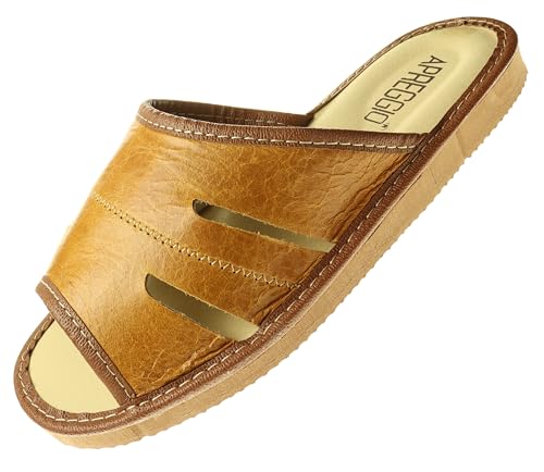 APREGGIO - Hausschuhe Herren Leder - Slippers Leder Hausschuh Männer Pantoffel - Pantoffeln - Hellbraun - Größe 42 von APREGGIO
