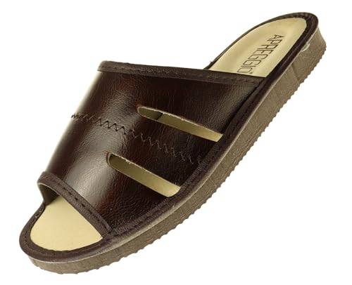 APREGGIO - Hausschuhe Herren Leder - Slippers Leder Hausschuh Männer Pantoffel - Pantoffeln - Dunkelbraun - Größe 45 von APREGGIO