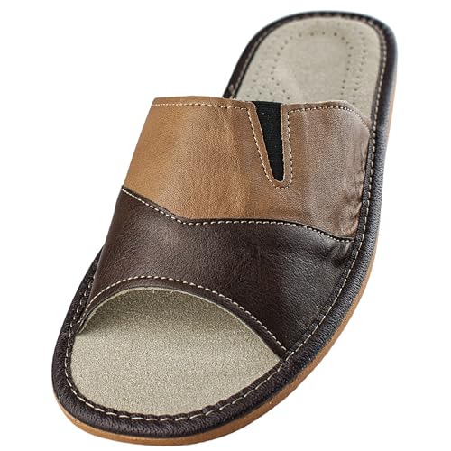 APREGGIO Hausschuhe Herren Leder Herrenhausschuhe - Hausschuh Männer Pantoffel Pantoffeln Pantoletten Slipper Mann Braun - Größe 44 EU von APREGGIO