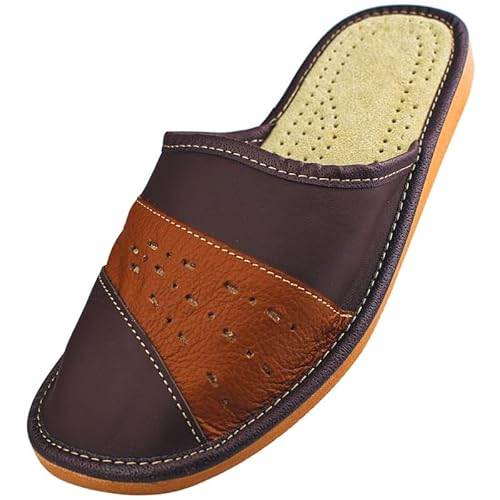 APREGGIO Hausschuhe Herren Leder Herrenhausschuhe - Hausschuh Männer Pantoffel Pantoffeln Pantoletten Slipper Mann Warm - Bronze - Größe 46 von APREGGIO