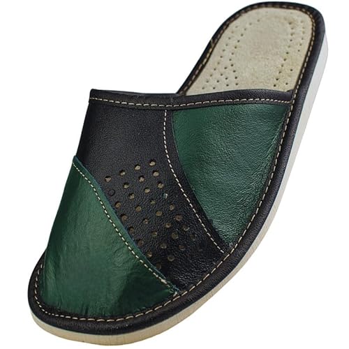 APREGGIO Hausschuhe Herren Leder Herrenhausschuhe - Hausschuh Männer Pantoffel Pantoffeln Pantoletten Slipper Mann Warm - Grün - Größe 47 von APREGGIO