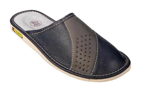 APREGGIO Hausschuhe Herren Leder Herrenhausschuhe - Hausschuh Männer Pantoffel Pantoffeln Pantoletten Slipper Mann Warm - Schwarz - Größe 47 von APREGGIO