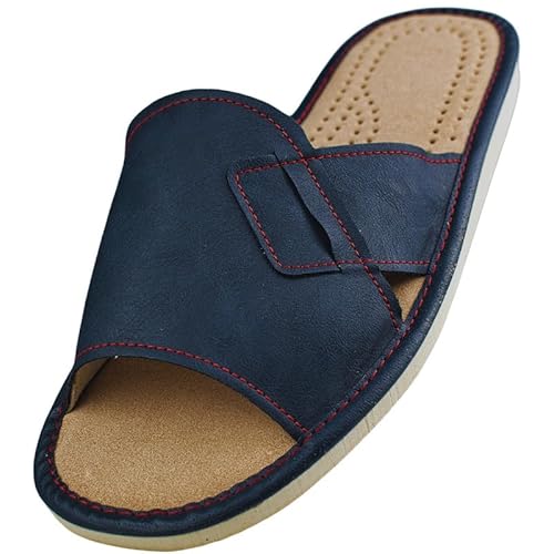 APREGGIO Hausschuhe Herren Leder Pantoletten mit offener Zehenpartie – Bequeme und rutschfeste Herrenpantoffeln aus echtem Leder Blau Größe 43 von APREGGIO