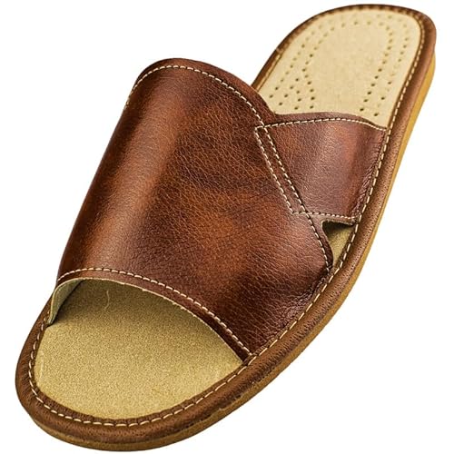 APREGGIO Hausschuhe Herren Leder Pantoletten mit offener Zehenpartie – Bequeme und rutschfeste Herrenpantoffeln aus echtem Leder Brozne Größe 41 von APREGGIO