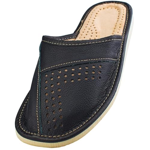 APREGGIO - Hausschuhe Herren Leder - Slippers Leder - Herrenhausschuhe - Hausschuh Männer Pantoffel - Slipper - Dunkelschwarz - Größe 45 von APREGGIO