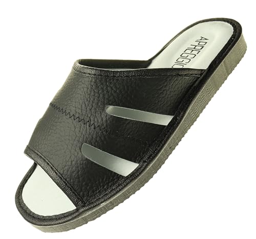 APREGGIO - Hausschuhe Herren Leder - Slippers Leder Hausschuh Männer Pantoffel - Pantoffeln - Schwarz - Größe 43 von APREGGIO