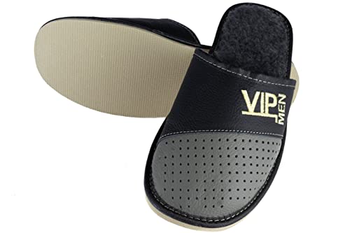 APREGGIO Hausschuhe Winter Herren Leder Pantoffeln - Hauspantoffeln Herren Pantoffeln Hauslatschen Für VIP - Grau - Größe 45 von APREGGIO