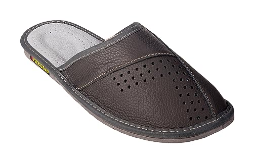 APREGGIO - Hausschuhe Herren Leder | Slippers Leder | Herrenhausschuhe | Hausschuh Männer Pantoffel | Slipper | Schwarz - Größe 44 EU von APREGGIO