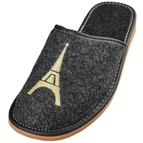 APREGGIO Herren Hausschuhe - Herren Filzpantoffeln - Pantoffeln mit Stickerei - Filz Slippers - Indoor Herrenschuhe - Winter Hausschuhe Männer - Grau Golden - Größe 43 EU von APREGGIO