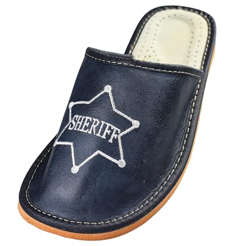 APREGGIO - Herren Hausschuhe aus Leder - Rutschfeste Sohle - mit Stickerei - Freizeit & Zuhause - Sheriff - Blau - Größe 41 EU von APREGGIO