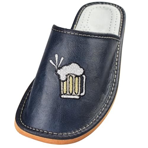 APREGGIO - Herrenhausschuhe aus Glattleder - Flache Sohle - Geschlossene Finger - Pantoffeln Herren Leder - Hausschuhe Sommer - Lustiges Motiv - Blau - Größe 46 EU von APREGGIO