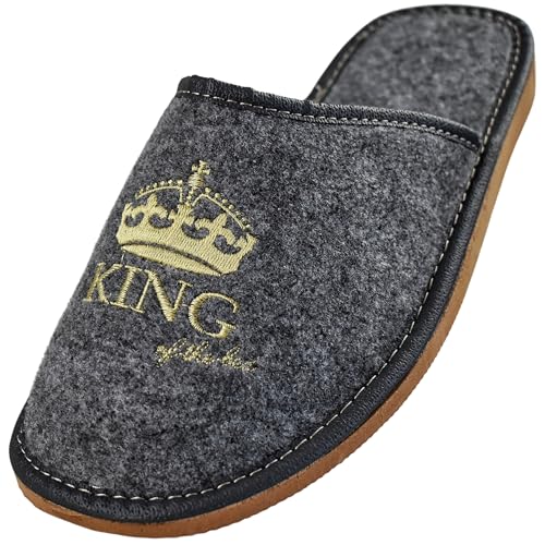 APREGGIO Herren Filzpantoffeln - Handgefertigt Pantoffeln - Bequem, Rutschfest, Naturfilz, mit Stickerei - Grau Orange - Größe 44 EU von APREGGIO