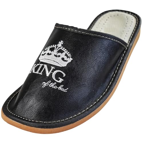 APREGGIO - Herren Hausschuhe aus Leder - Handgefertigt - Rutschfeste Sohle - mit Stickerei - Bequem - KING - Schwarz - Größe 41 EU von APREGGIO