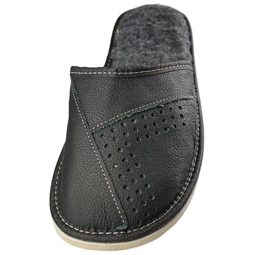 APREGGIO Hausschuhe Herren Leder - Pantoffeln Herren Leder mit Gummisohle - Komfort Herren Hausschuhe Leder - Handgefertigt Herren Pantoffeln - Schwarz -Größe 42 EU von APREGGIO