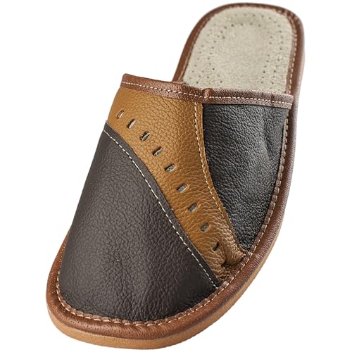APREGGIO - Hausschuhe Herren Leder Pantoffeln - Hauspantoffeln Herren Pantoffeln Herren Leder Hauslatschen Für Herren - Braun - Größe 42 EU von APREGGIO