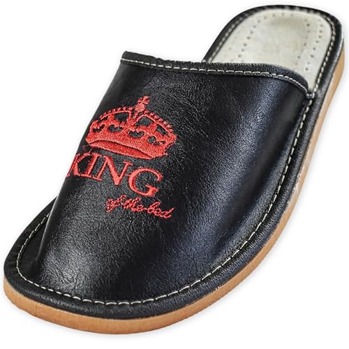 APREGGIO - Herren Hausschuhe aus Leder - Handgefertigt - Rutschfeste Sohle - mit Stickerei - Bequem - KING - Schwarz Rot - Größe 45 EU von APREGGIO