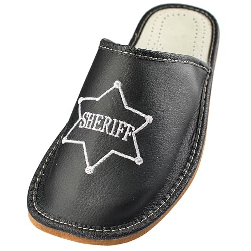 APREGGIO - Herren Hausschuhe aus Leder - Rutschfeste Sohle - mit Stickerei - Freizeit & Zuhause - Sheriff - Schwarzweiß - Größe 46 EU von APREGGIO