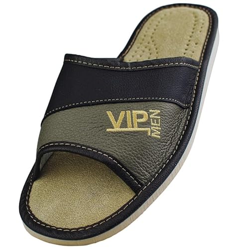 APREGGIO - Herren Hausschuhe aus Leder – Slip-On, Pantoffeln, Hausschuh Männer, Rutschfest, Zuhause Grau -VIP gr. 40 von APREGGIO