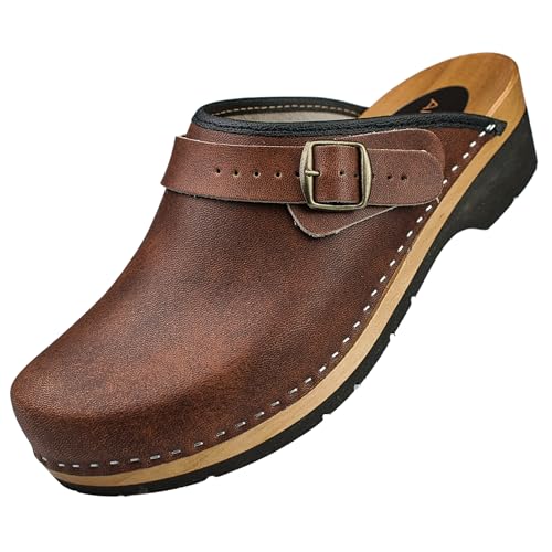 APREGGIO Herren Holz Clogs - Braun Größe 41 Holzschuhe aus Leder – Praktische Gartenclogs – Ergonomische Herren Lederclogs von APREGGIO