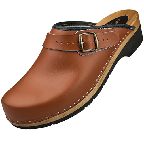 APREGGIO Herren Holz Clogs - Hellbraun Größe 46 Holzschuhe aus Leder – Praktische Gartenclogs – Ergonomische Herren Lederclogs von APREGGIO