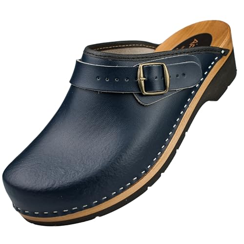 APREGGIO Herren Holz Clogs - Marine Größe 41 Holzschuhe aus Leder – Praktische Gartenclogs – Ergonomische Herren Lederclogs von APREGGIO