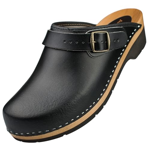 APREGGIO Herren Holz Clogs - Schwarz Größe 45 Holzschuhe aus Leder – Praktische Gartenclogs – Ergonomische Herren Lederclogs von APREGGIO