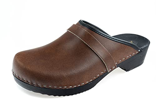 APREGGIO - Herrenclogs aus Leder mit Holzsohle - Ideal als Gartenschuhe und Holzschuhe - Holzclogs und Leder - Clogs mit Absatz - 100% Naturprodukt - Braun - Größe 44 EU von APREGGIO