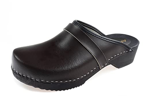 APREGGIO - Herrenclogs aus Leder mit Holzsohle - Ideal als Gartenschuhe und Holzschuhe - Holzclogs und Leder - Clogs mit Absatz - 100% Naturprodukt - Dunkelbraun - Größe 42 EU von APREGGIO