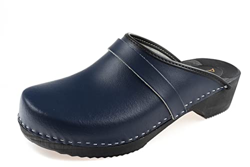 APREGGIO - Herrenclogs aus Leder mit Holzsohle - Ideal als Gartenschuhe und Holzschuhe - Holzclogs und Leder - Clogs mit Absatz - 100% Naturprodukt - Dunkelblau - Größe 44 EU von APREGGIO