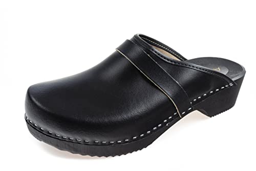APREGGIO Herrenclogs aus Leder- Herren Lederclogs mit Holzsohle - Clogs mit Absatz - Gartenschuhe - Schwarz - Größe 45 EU von APREGGIO