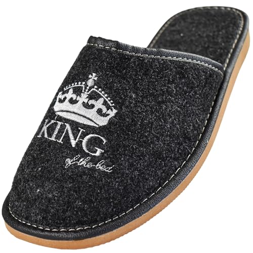 APREGGIO Herren Filzpantoffeln - Handgefertigt Pantoffeln - Bequem, Rutschfest, Naturfilz, mit Stickerei - Schwarz Weiß - Größe 46 EU von APREGGIO