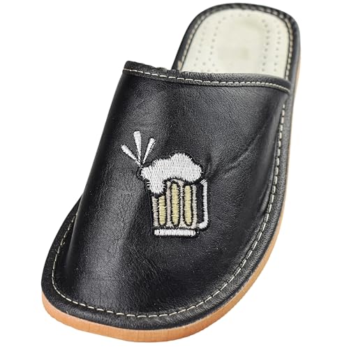 APREGGIO - Herrenhausschuhe aus Glattleder - Flache Sohle - Geschlossene Finger - Pantoffeln Herren Leder - Hausschuhe Sommer - Lustiges Motiv - Schwarz - Größe 40 EU von APREGGIO