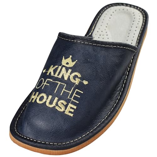 APREGGIO - Herrenhausschuhe aus Glattleder - Flache Sohle - Geschlossene Finger - Pantoffeln Herren Leder - Ideal als Hausschuhe für den Sommer - Blau Orange - Größe 41 EU von APREGGIO