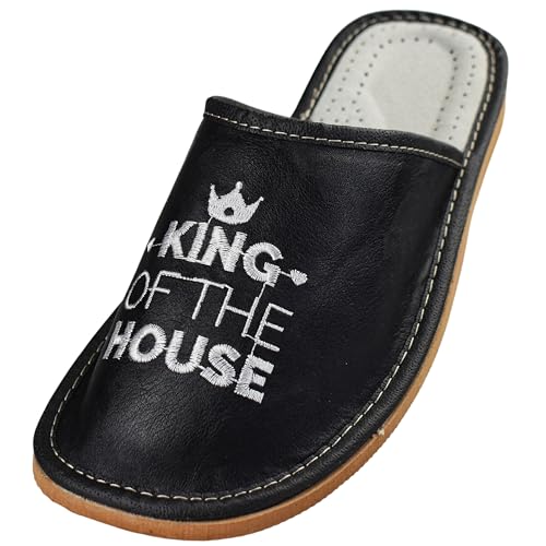 APREGGIO - Herrenhausschuhe aus Glattleder - Flache Sohle - Geschlossene Finger - Pantoffeln Herren Leder - Ideal als Hausschuhe für den Sommer - Schwarz - Größe 42 EU von APREGGIO