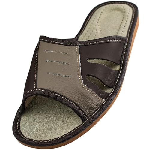 APREGGIO - Herrenhausschuhe aus Glattleder - Flache Sohle - Offene Spitze - Pantoffeln Herren Leder - Ideal als Hausschuhe für den Sommer - Grau - Größe 43 von APREGGIO