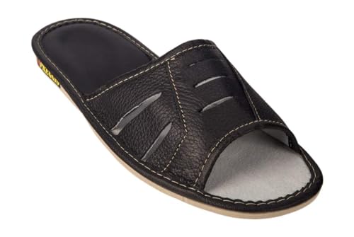 APREGGIO - Herrenhausschuhe aus Glattleder - Flache Sohle - Offene Spitze - Pantoffeln Herren Leder - Ideal als Hausschuhe für den Sommer - Schwarz - Größe 47 EU von APREGGIO