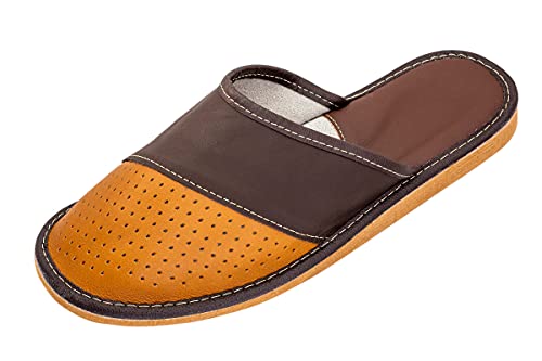 APREGGIO -Leder-Hausschuhe für Herren - Bequeme und Atmungsaktive Slipper mit Weichem Fußbett und Rutschfester Sohle - Braun & Orange Größe 45 EU von APREGGIO
