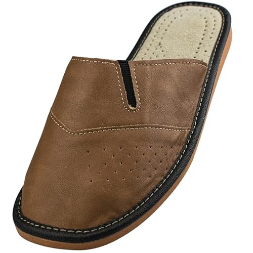 APREGGIO - Männer Hausschuhe aus Echtleder - Offene Pantoletten mit atmungsaktivem Lochmuster - Bequeme & Rutschfeste Pantoffeln für Herren -Bronze 43 von APREGGIO