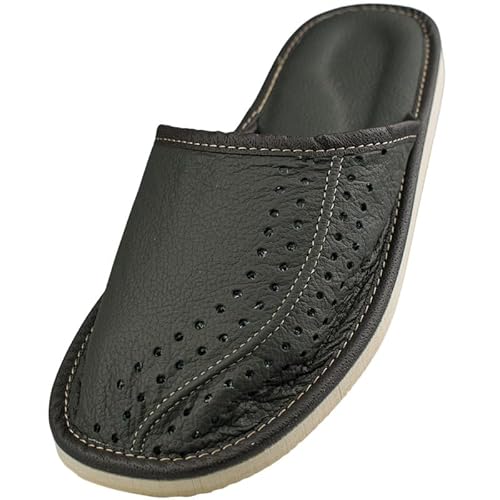 APREGGIO - Männer Hausschuhe aus Echtleder - Offene Pantoletten mit atmungsaktivem Lochmuster - Bequeme & Rutschfeste Pantoffeln für Herren -Dunkel-Schwarz 43 von APREGGIO