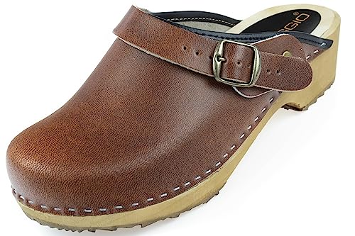 APREGGIO Damen Holz Clogs - Braun - Größe 41 - Bequeme Hausschuhe - Praktische Gartenclogs - Solid Holzschuhe von APREGGIO