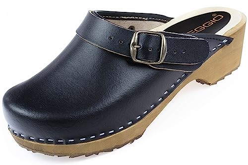 APREGGIO Damen Holz Clogs - Schwarz - Größe 39 - Bequeme Hausschuhe - Praktische Gartenclogs - Solid Holzschuhe von APREGGIO